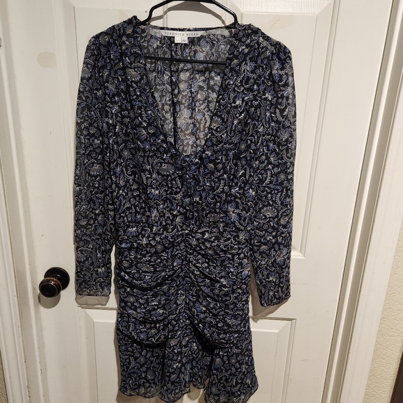 Veronica Beard 100% Silk Floral Long Sleeve Ruched Mini Dress Size 6 Party Blue - Picture 7 of 14